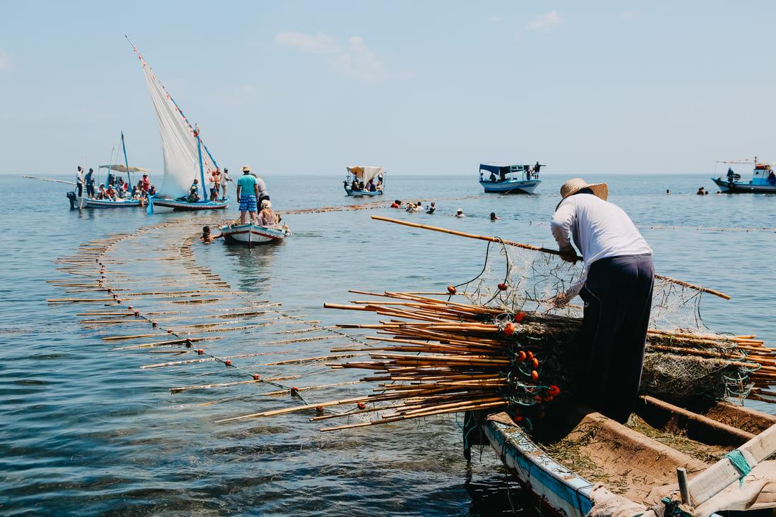 Fishing boat, in a traditional way in Kerkennah islands in Tunisia